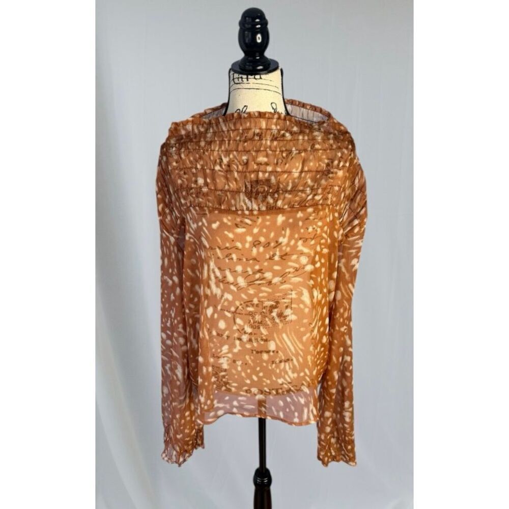 Grade & Gather Small Sheer Boho Blouse Smocked Yoke Brown Print LS